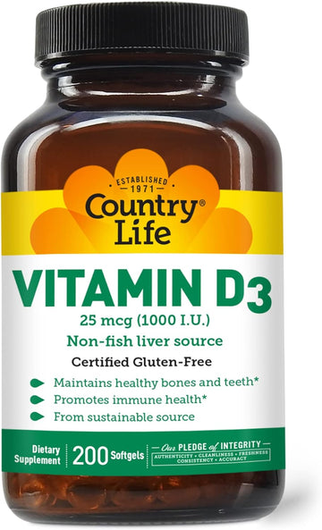 Country Life Vitamin D3, Non-Fish 1000 Iu, 200 Softgels, Certified Glu