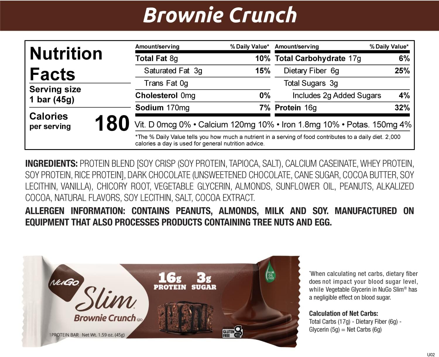 Nugo Slim Dark Chocolate Brownie Crunch, 16g Protein, 2g Sugar, 7g Fib