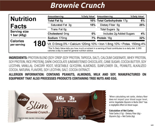NuGo Slim Dark Chocolate Brownie Crunch, 16g Protein Bar, Gluten Free, Non-GMO, Kosher, Keto Friendly, Low Carb, 12 Count