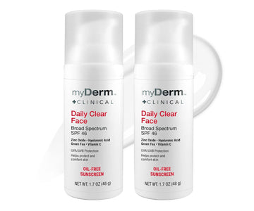 myDerm CLINICAL Daily Clear Face SPF 46 Mineral Sunscreen - 1.7 - Formulated with Zinc Oxide & Niacinamide, Fragrance Free Sunscreen for All Skin Types - Body and Facial Skin Care Products, Twin Pack