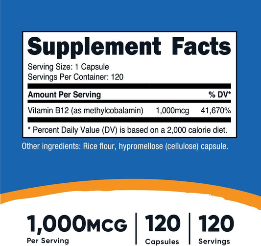 Nutricost Vitamin B12 (Methylcobalamin) 1000mcg, 120 Capsules - Vegetarian, Non-GMO & Gluten Free B12 Supplement