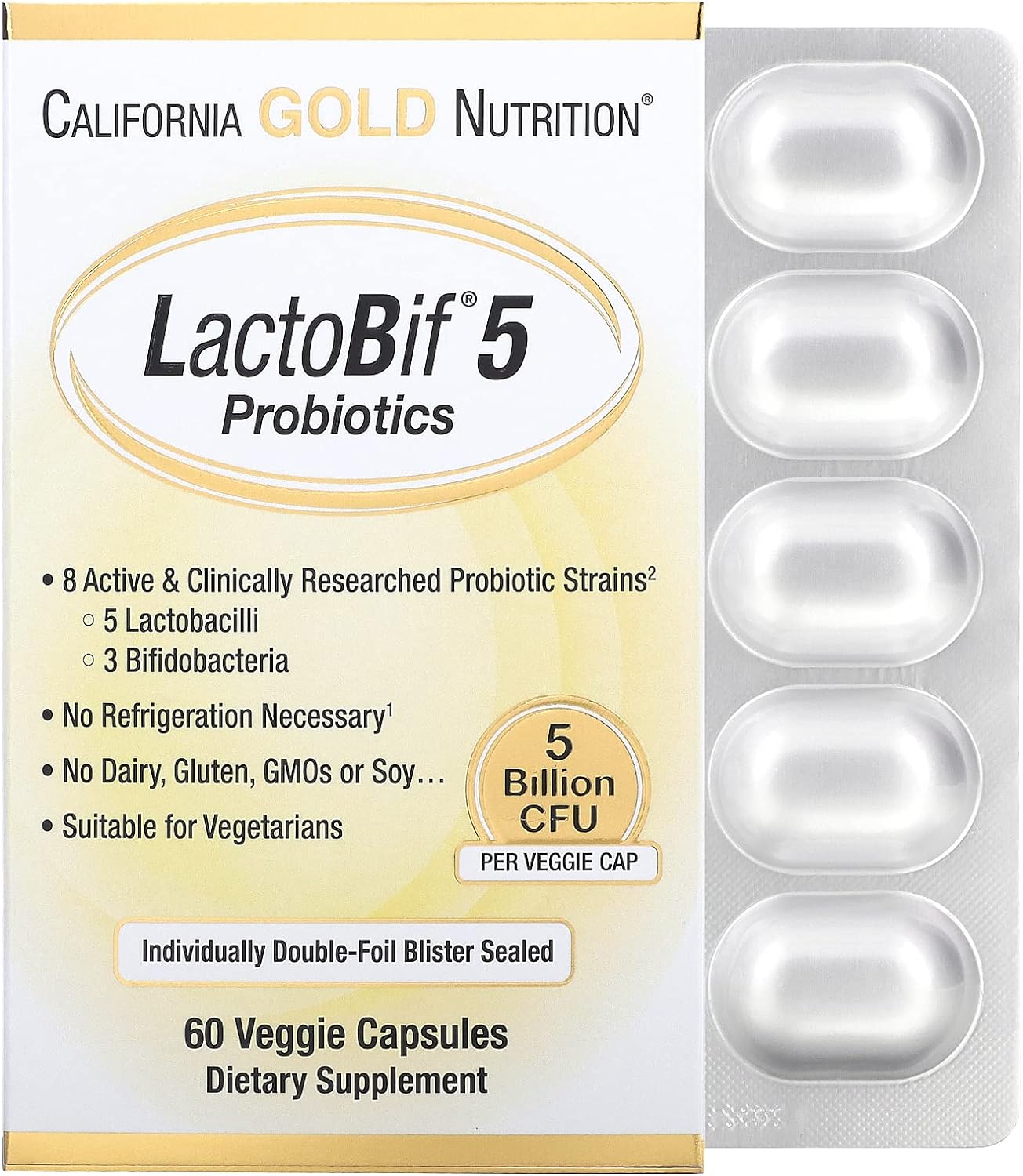 Lactobif 5 Probiotics, 5 Billion Cfu, 60 Veggie Capsules, California G5.29 Ounces