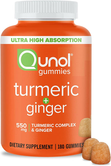 Qunol Turmeric and Ginger Gummies, Gummy with 500mg Turmeric + 50mg Ginger, Joint Support Supplement, Ultra High Absorption Tumeric and Ginger, Vegan, Gluten Free, 3 Month Supply 180ct Gummies