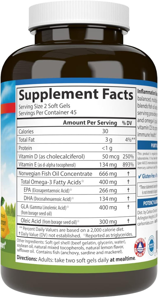 Carlson - Inammation Balance, Balanced Omega-3 & Omega-6 Ratio, with D3, Norwegian, Wild-Caught Fish Oil Supplement with Fatty Acids, Sustainably Sourced Fish Oil Capsules, 90 Softgels