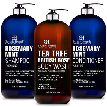 Botanic Hearth Rosemary Mint Shampoo & Conditioner (16  each) and Tea Tree British Rose Body Wash (16 ) Bundle