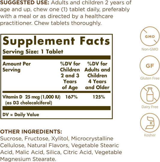 Solgar, Vitamin D3 1000 Iu Chewable, 100 Tablets
