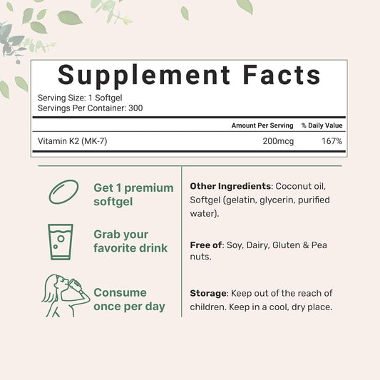 Micro Ingredients Vitamin K2 Mk-7 Supplement, 200 Mcg Per Serving, 300 Coconut Oil Softgles | Easily Absorbed, Active Me