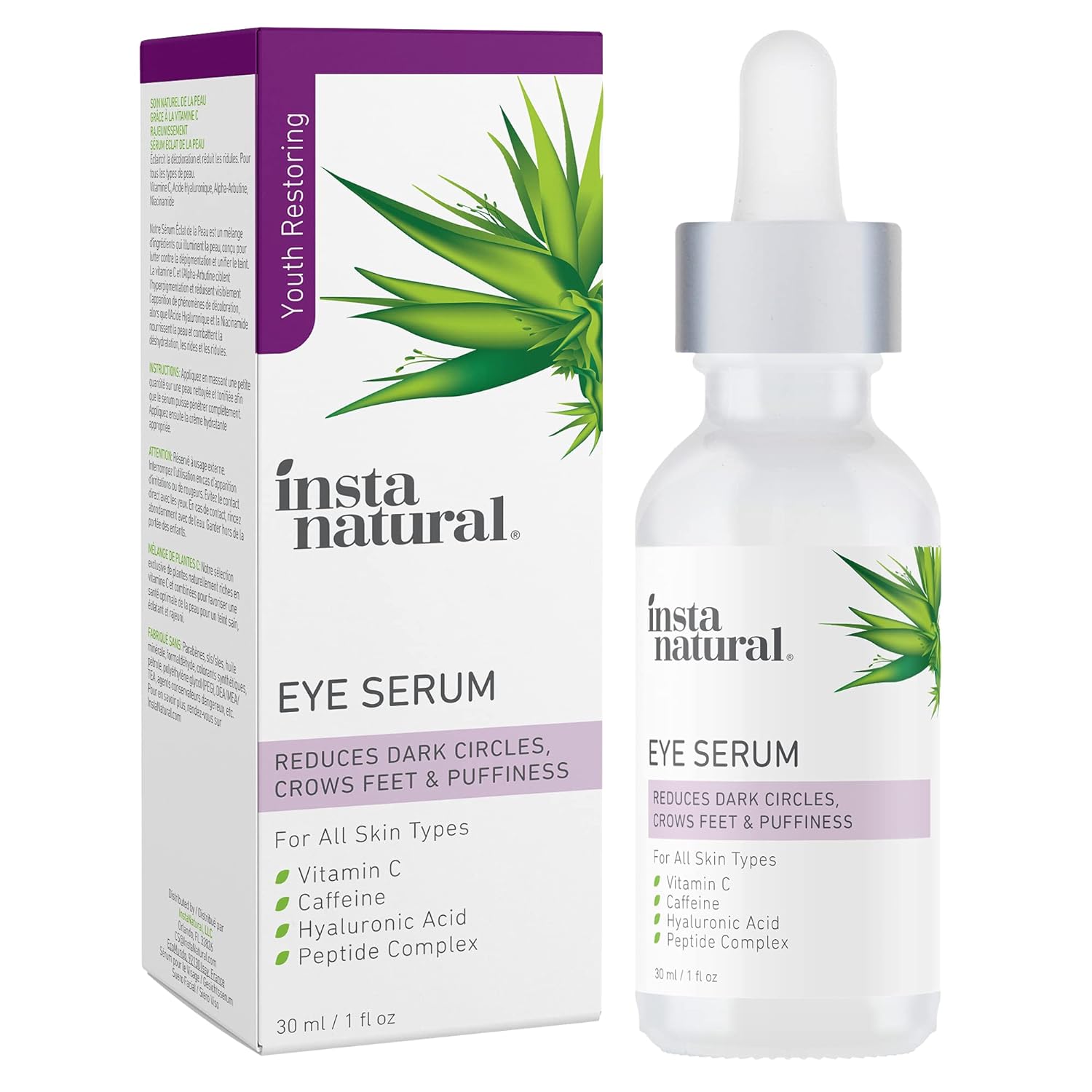 InstaNatural Eye Serum, Brightens, Minimizes the Appearance of Fine Lines, Eye Puffiness and Dark Circles, with Vitamin C, Caffeine and Hyaluronic Acid, 1