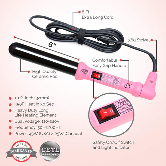 Le Angelique 1.25 Inch Large Barrel Ceramic Curling Wand for Long Hair & Big Beach Waves Curls - 32 mm Professional Thick Wide Curler Iron with Glove And 2 Clips, 450F Instant Heat, Dual Voltage -Pink