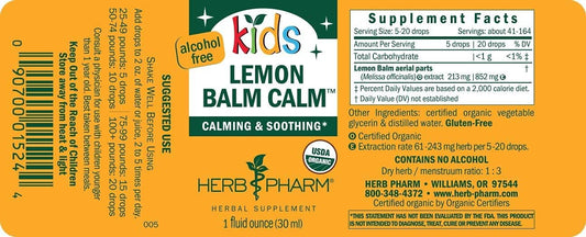 Herb Pharm Kids Certified-Organic Alcohol-Free Lemon Balm Calm Liquid