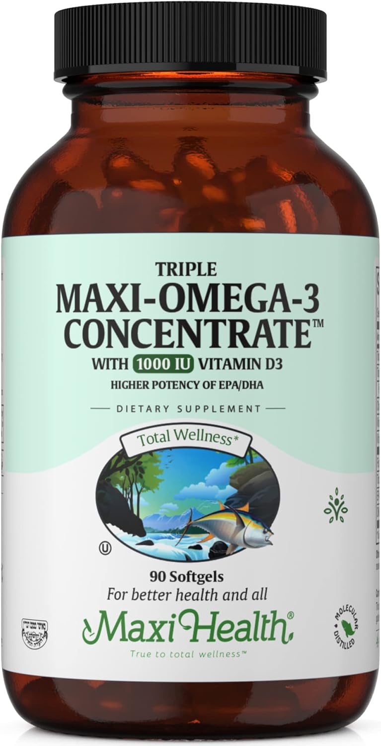 Maxi Health Omega 3 Supplement with Vitamin D3 1000 IU - Omega-3 Fish Oil Concentrate from Wild Caught Tuna ? Kosher ? H