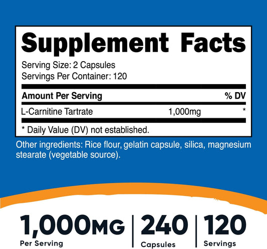 Nutricost L-Carnitine Tartrate 1,000mg, 240 Capsules - 500mg Per Capsule, 120 Servings
