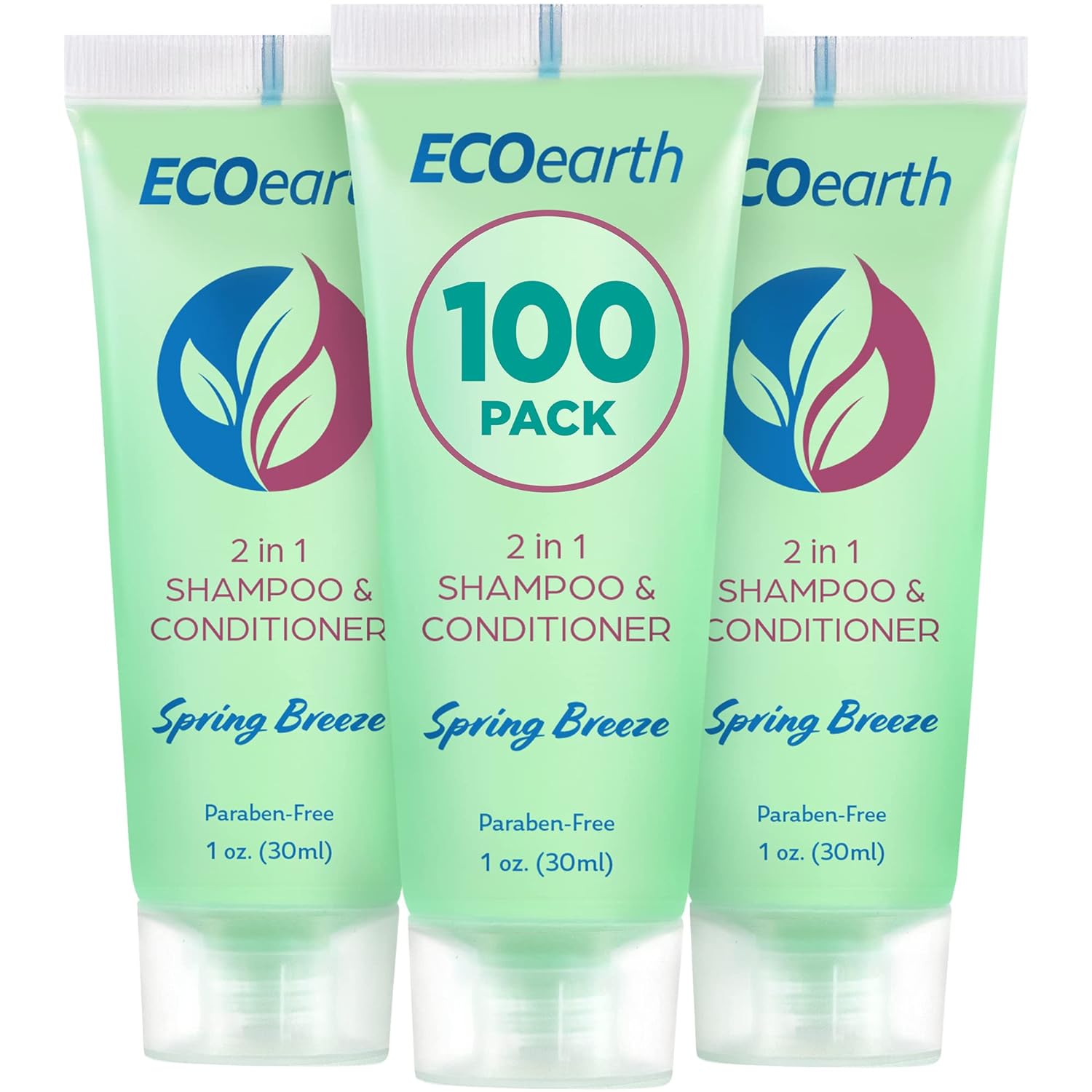 EcoEarth Travel Size Shampoo Conditioner 2-in-1 (1  , 100 PK, Spring Breeze) Delight Your Guests with Revitalizing & Refreshing Conditioning Shampoo Amenities, Small Size Hotel Toiletries in Bulk