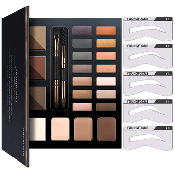 Youngfocus Eye Makeup Brow Contour Kit Eyeshadows Makeup Palette Set - 6 Eyebrow Powders, 5 Eyebrow Stencils,14 Highly Pigmented Eyeshadows, 3 Highlighter Contour Powders, Spoolie/Brush Duo, Eye Brow Wax - Best Gift!