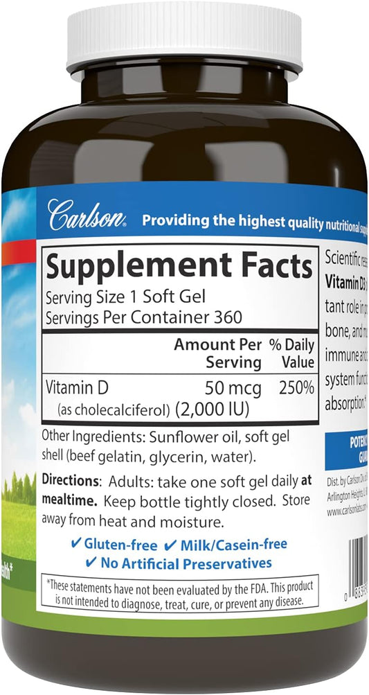 Carlson - Vitamin D3, 2000 IU (50 mcg), Bone & Immune Health, Vitamin