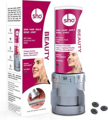 SHO Beauty 4-in-1 Silica & Vitamin B7 Biotin Hair Skin Nails & Bone Joint Vegan Supplements for Women & Men - Helps Boost Collagen Supporting Nail & Hair Regrowth, (60 Pills with Dispenser)