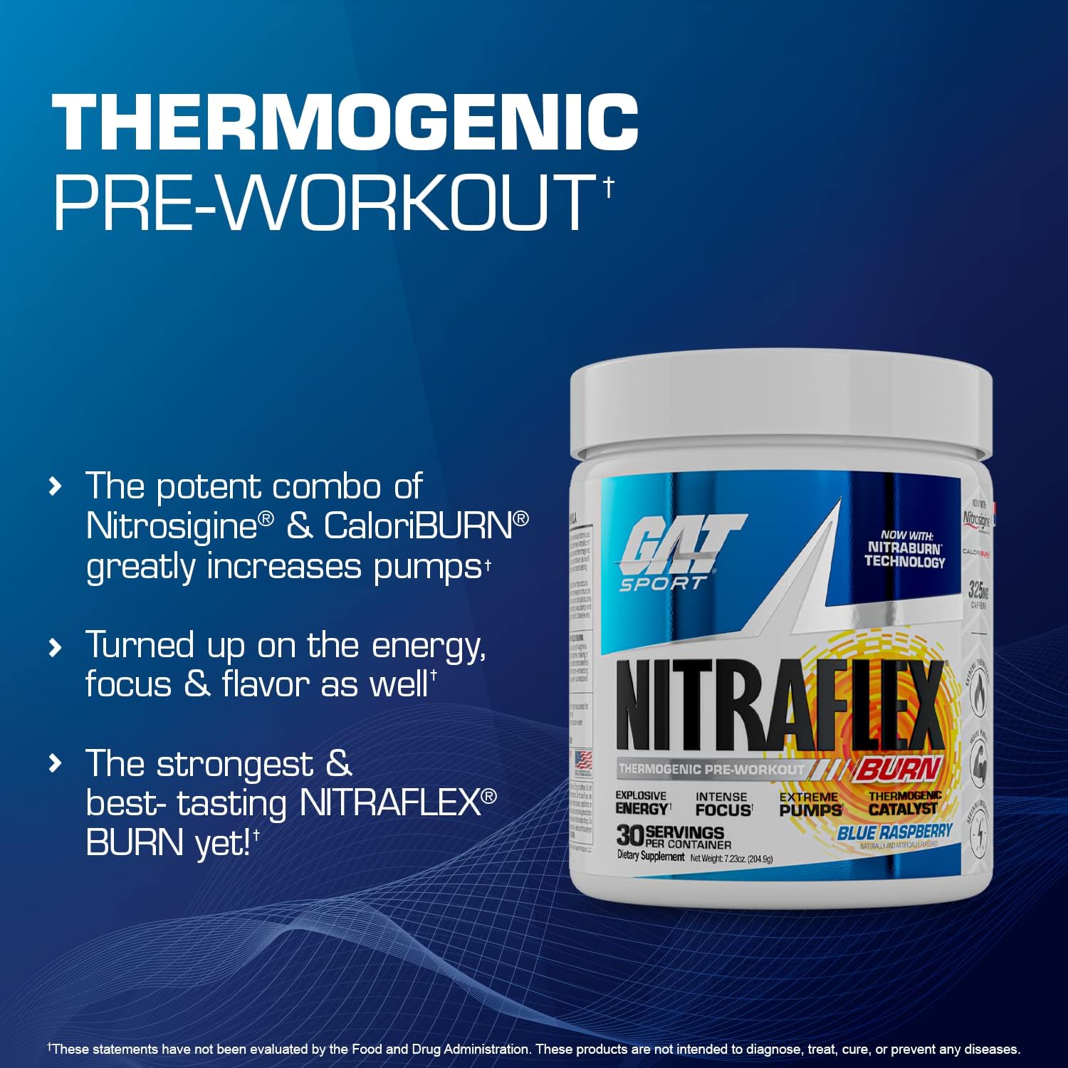 GAT SPORT NITRAFLEX Burn, Pre Workout Thermogenic Powder, Tropic Thund