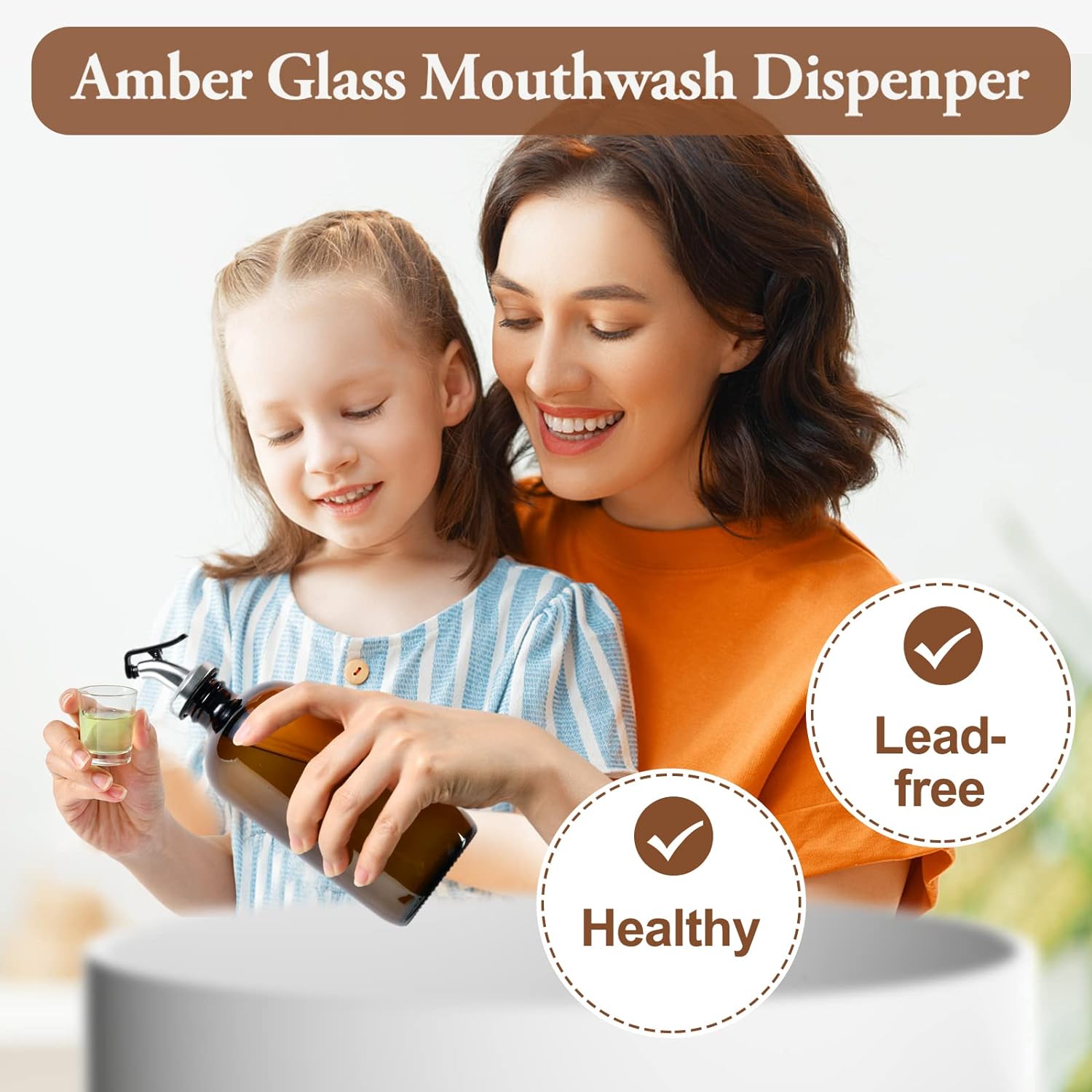 16oz Amber Glass Mouthwash Dispenser for Bathroom, 2 Pack Th