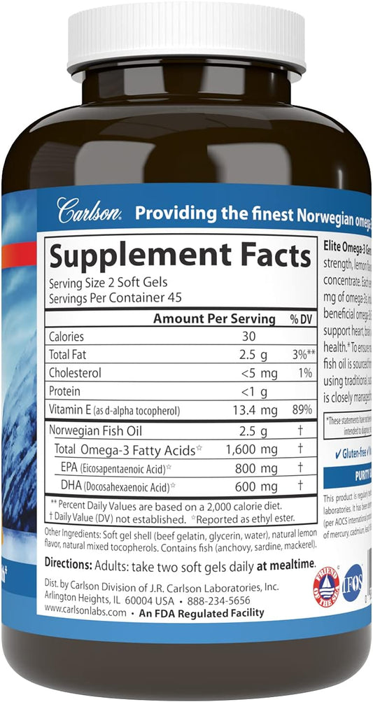 Carlson - Elite Omega-3 Gems, 1600 mg Omega-3 Fatty Acids Including EPA and DHA, Norwegian, Wild-Caught Fish Oil Supplem