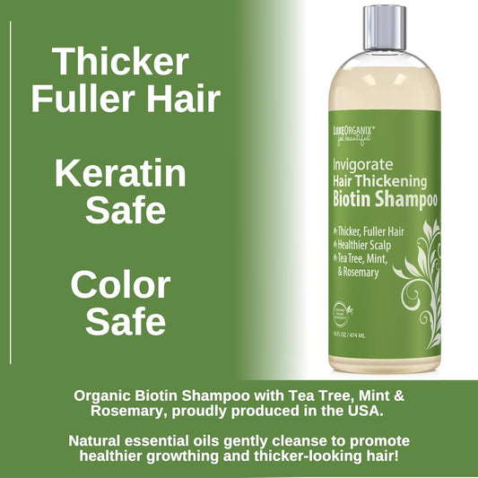 LuxeOrganix Biotin Thickening Shampoo for Thinning Hair - Organic, Volumizing Formula with Mint, Tea Tree & Rosemary for Healthy Scalp and Hair Growth - Safe for Colored or Keratin Treated Hair