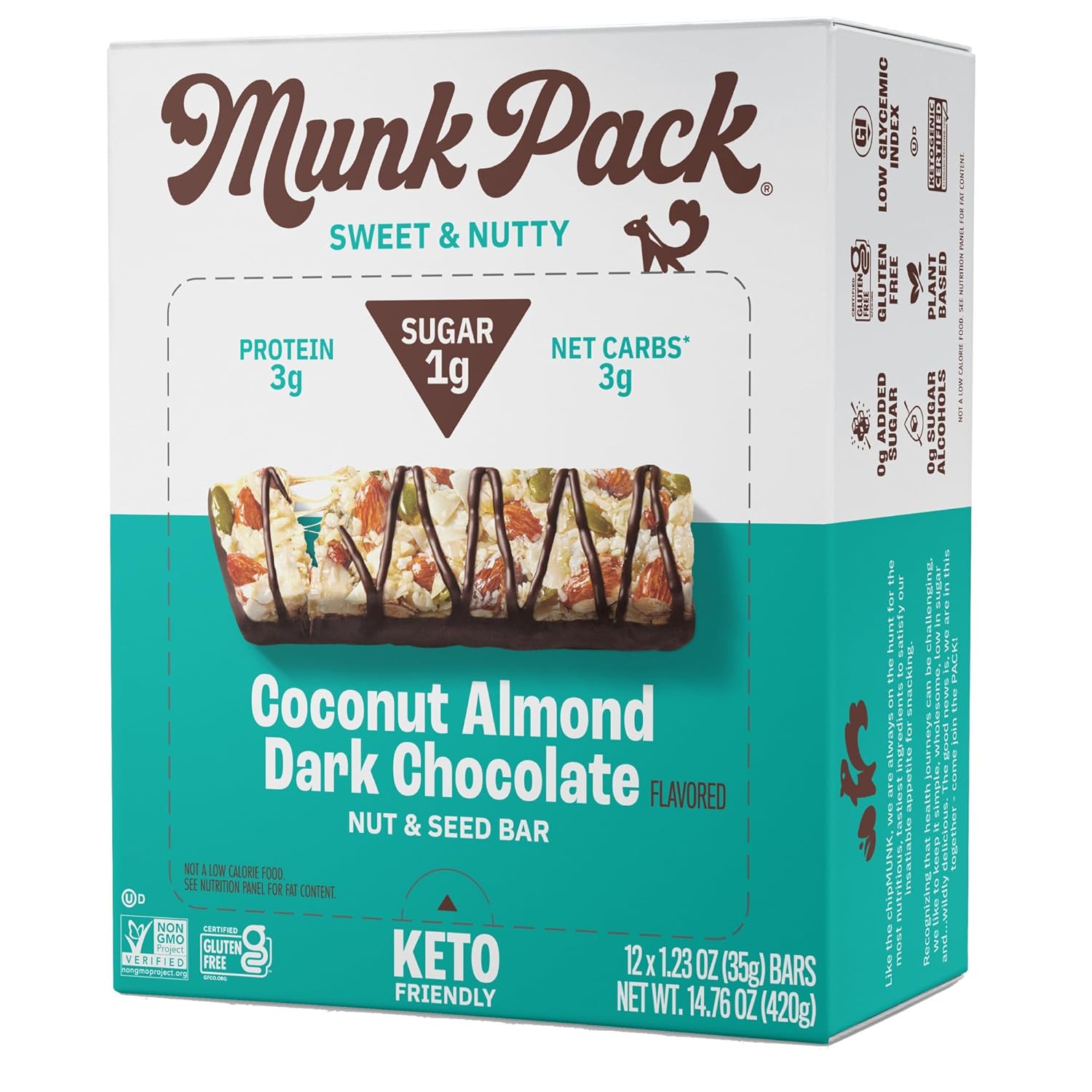 Munk Pack Nut & Seed Bar Coconut Almond Dark Chocolate | 1g Sugar, Low Carb & Keto, 3g Protein | Gluten Free, Plant Base
