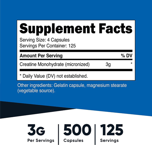Nutricost Micronized Creatine Monohydrate 3,000mg 500 Capsules, 125 Servings, 750mg of Creatine Monohydrate Per Capsule