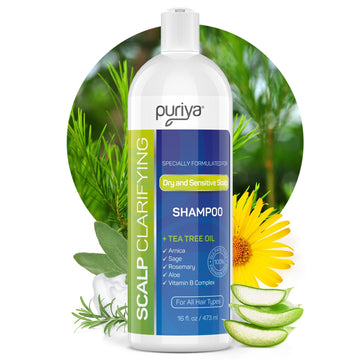 Puriya Tea Tree Clarifying Shampoo. Plant Rich Dry Itchy Scalp Relief, for Kids, Adults, Sulfate Free, No Harsh Chemicals Seen in Dandruff Treatment, Seborrheic Dermatitis, Psoriasis Shampoo, 16