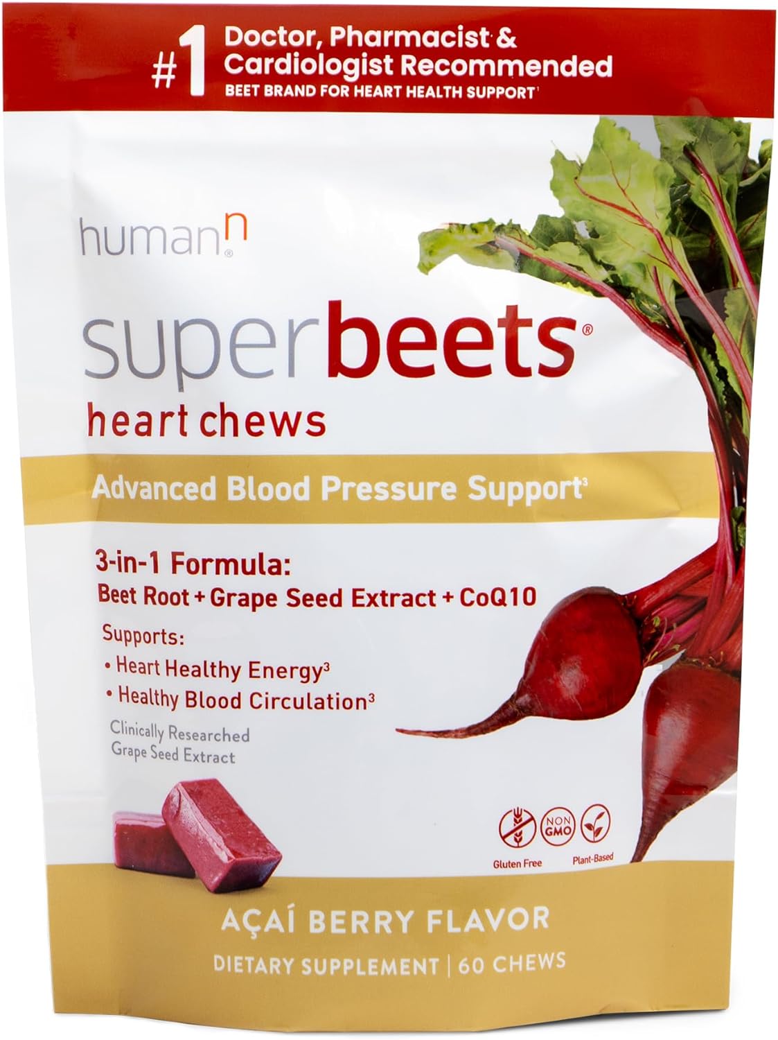 humanN SuperBeets Heart Chews Advanced - 3-in-1 Formula with Beetroot,