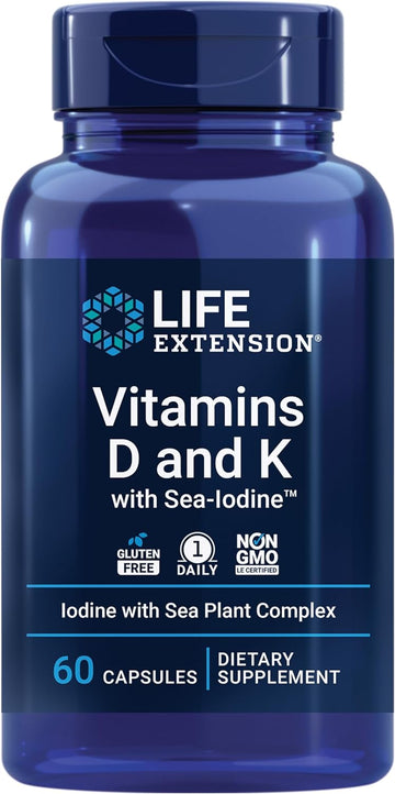 Life Extension Vitamins D and K with Sea-Iodine, vitamin D3, vitamin K1 and K2, iodine, supports immune, bone, arterial