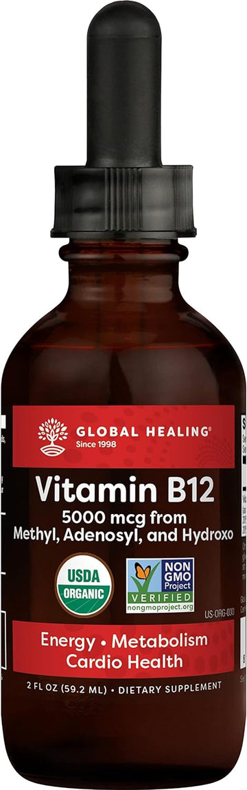 Global Healing Center Triple Activated B12 5000 Mcg Organic Sublingual Liquid Vitamin Supplement, Methylcobalamin,Adenos