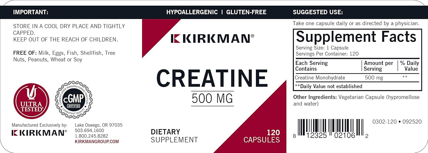 Kirkman Creatine 500 mg - Hypoallergenic | 120 Vegetarian Capsules | A
