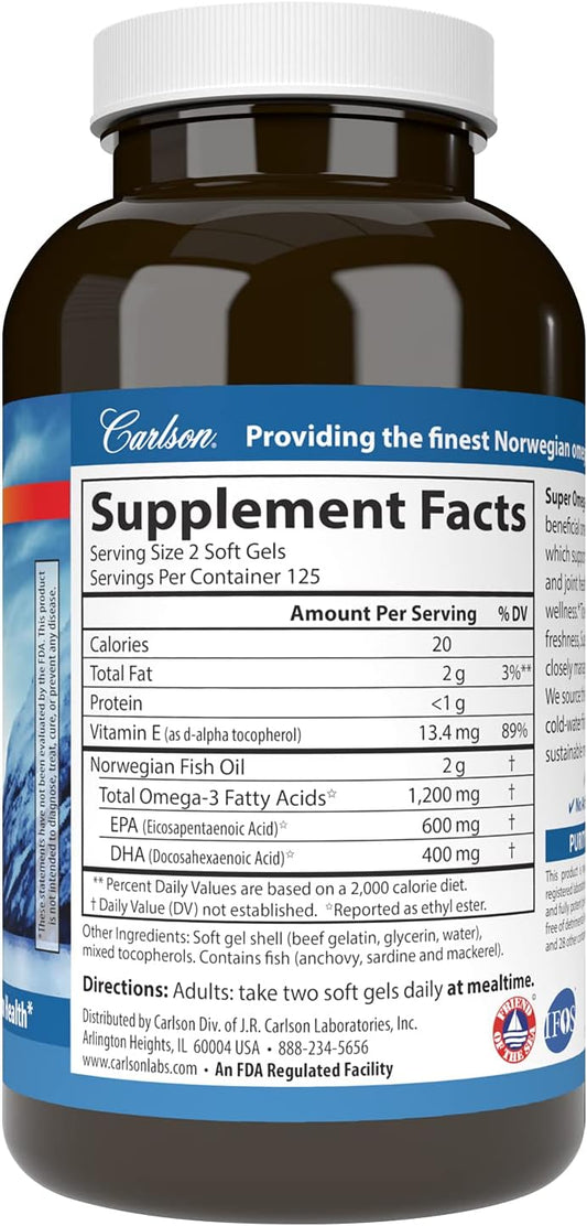 Carlson - Super Omega-3 Gems, 1200 mg Omega-3s, Wild Caught, Sustainably Sourced, 250 soft gels