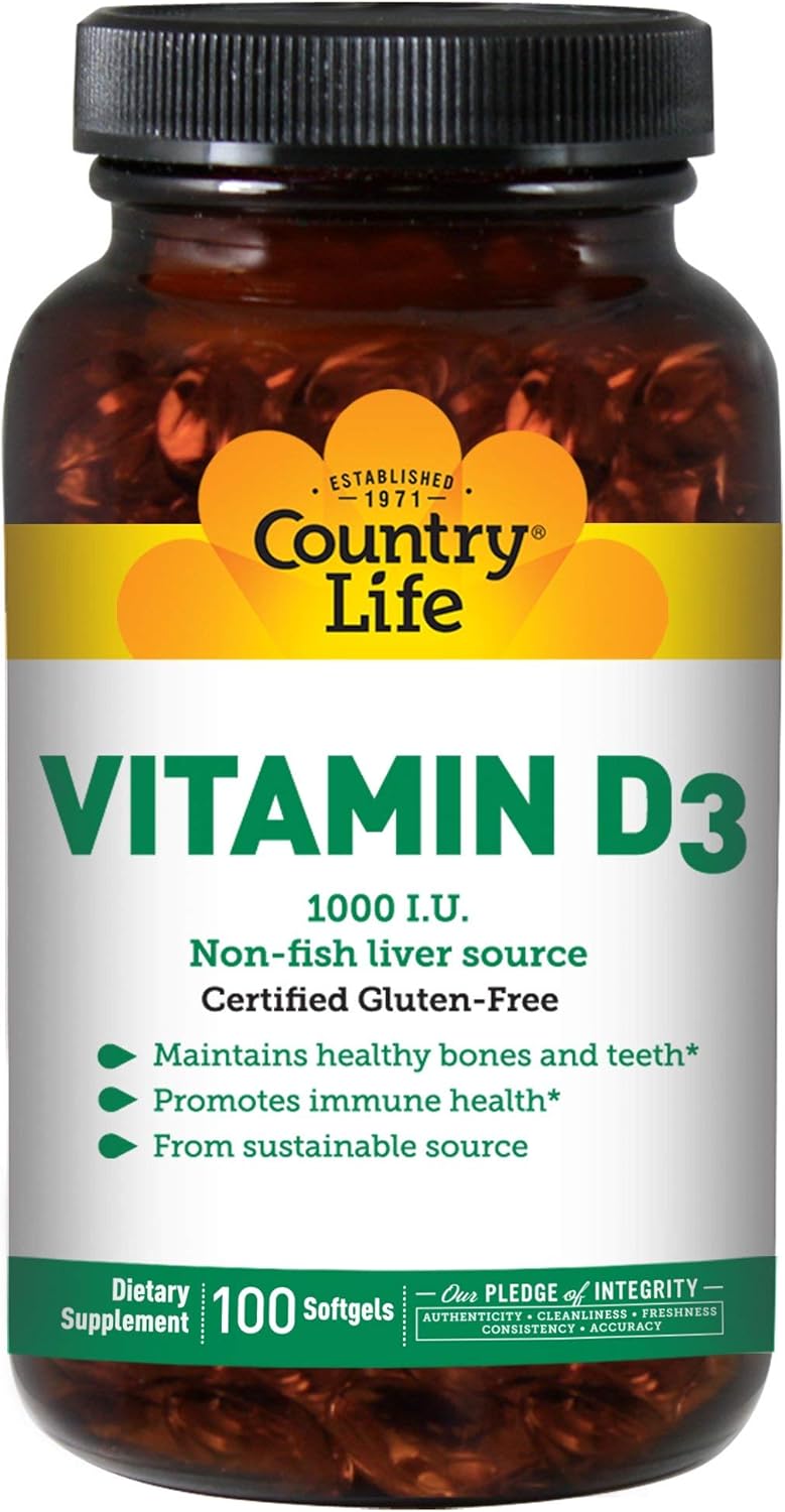 Country Life Vitamin D3, Non-Fish 1000 Iu, 100 Softgels, Certified Glu