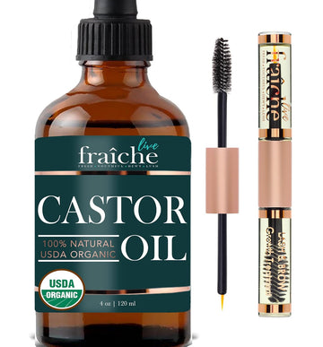 Castor Oil (4oz) + Filled Mascara Tube USDA Certified Organic, 100% Pure, Cold Pressed, Hexane Free by Live Fraiche. Sti