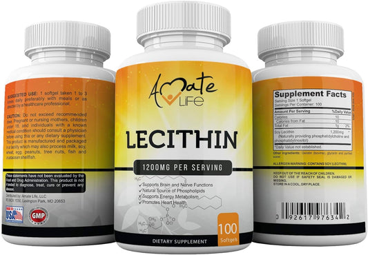 Amate Life Soy Lecithin 1200mg Capsules Supplement for Heart, Liver & 7.37 Ounces