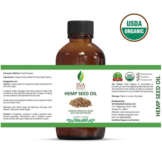 SVA Organics Hemp Seed Organic USDA Cold Pressed Oil 4  Pure Carrier Oil for Skin Cream, Face Serum, Hair Products, Cosmetics, Makeup, Soap, Hair & Body Oil