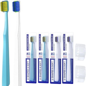 DENTSHIELD 4 Pcs Orthodontic Toothbrush for Braces U-Shaped Soft Bristle with 4 Toothbrush Head Cover?Blue+White (4 Pack)