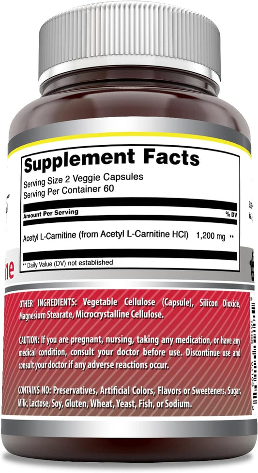 Amazing Formulas Acetyl L-Carnitine Hcl Dietary 1200mg Per Serving 120 Veggie Capsules Supplement - Promotes Energy Production & Cognitive Function - Non-GMO - Gluten Free - Made in USA