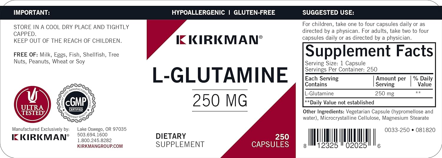 L-Glutamine 250 mg - Hypoallergenic | 250 Vegetarian Capsule