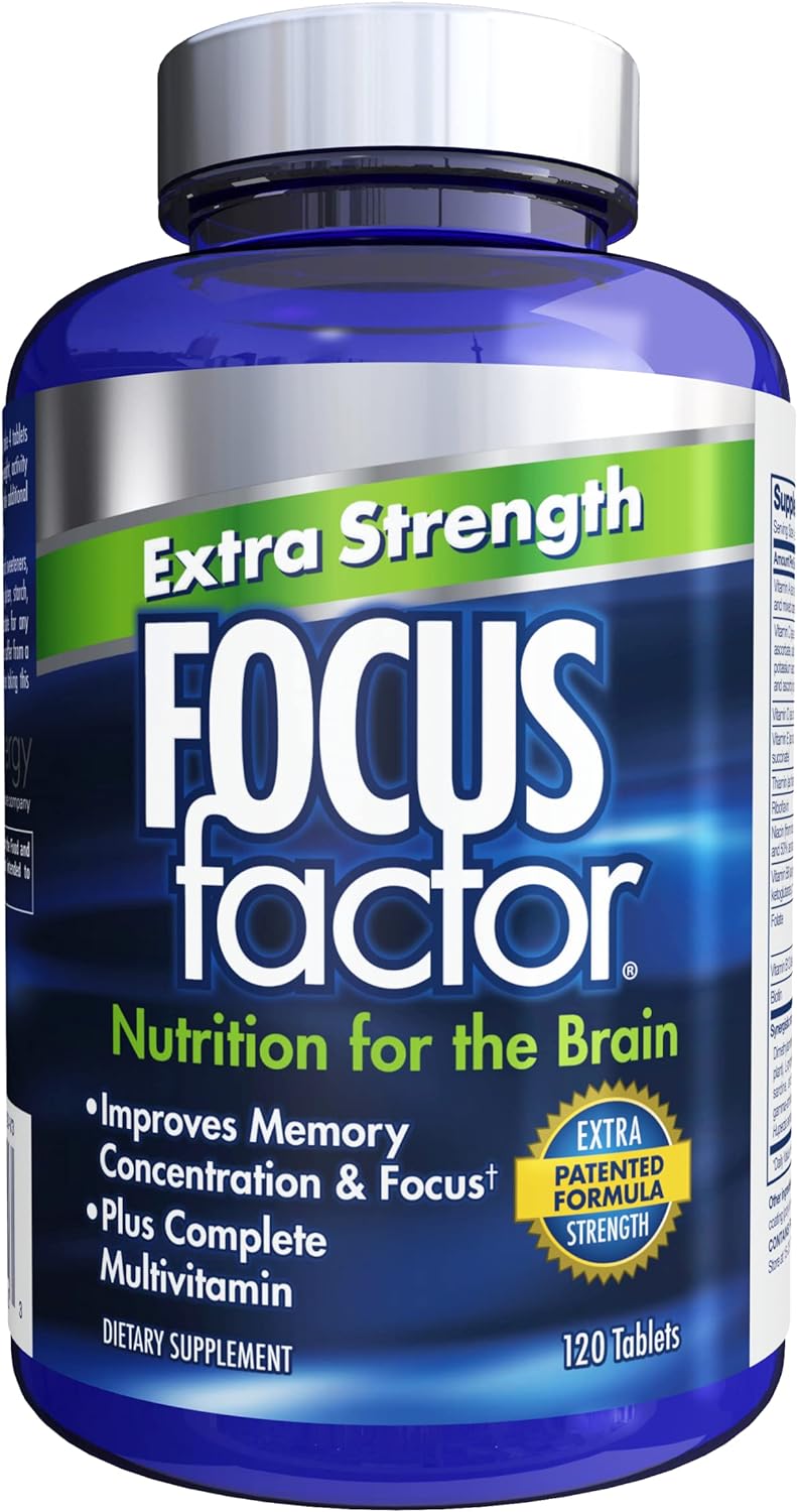 Focus Factor Adults Extra Strength, 120 Count - Brain Supplement For Memory, Concentration And Focus - Complete Multivitamin With Dmae, Vitamin D, Dha - Trusted Health Vitamins
