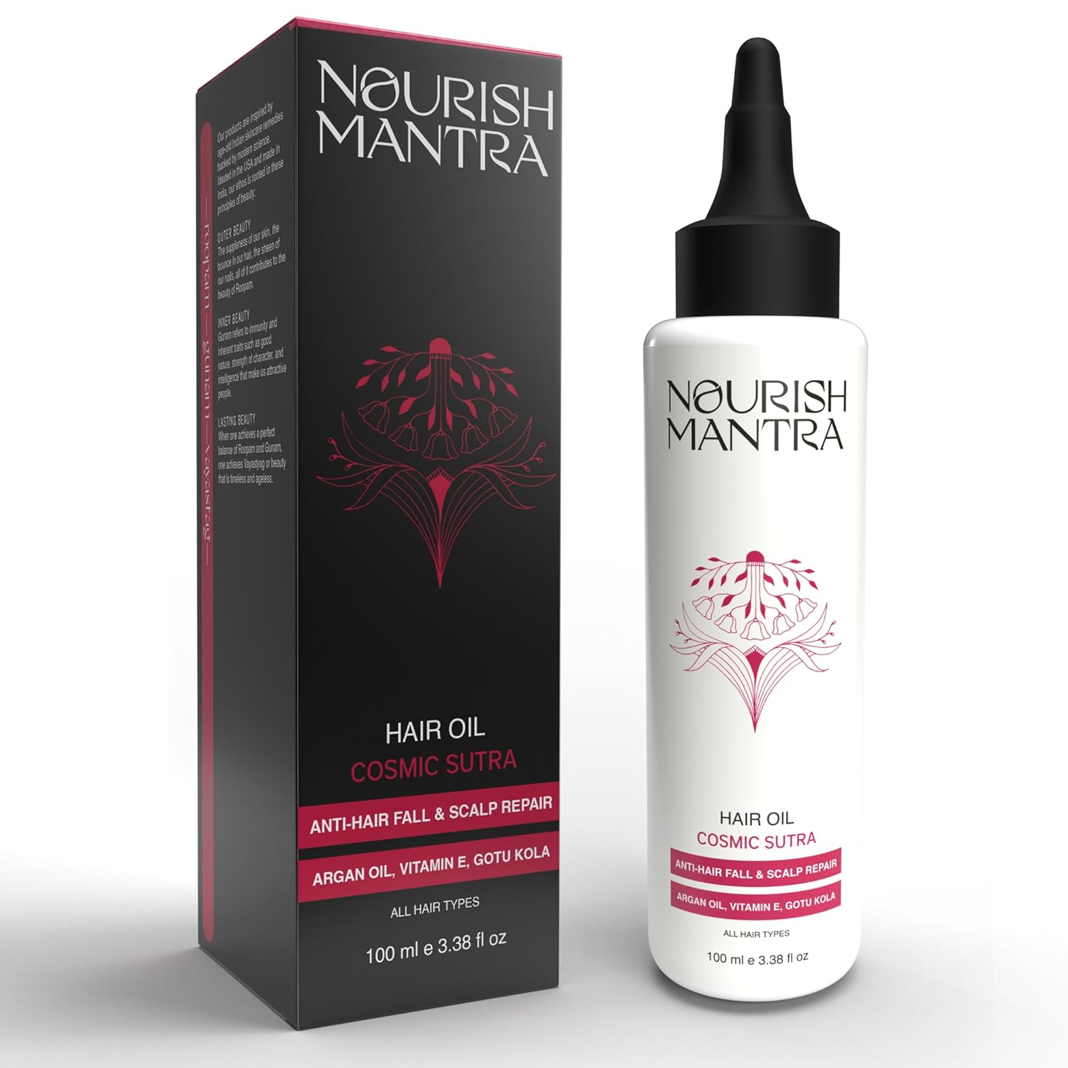 NOURISH MANTRA Cosmic Sutra Hair Oil | With Goodness Of Vitamin E, Gotu Kola & Argan Oil | Hair Fall Control Oil | Free Of Sulphates, And Chemicals | For All Hair Types. (100 Ml (Pack Of 1) Black)