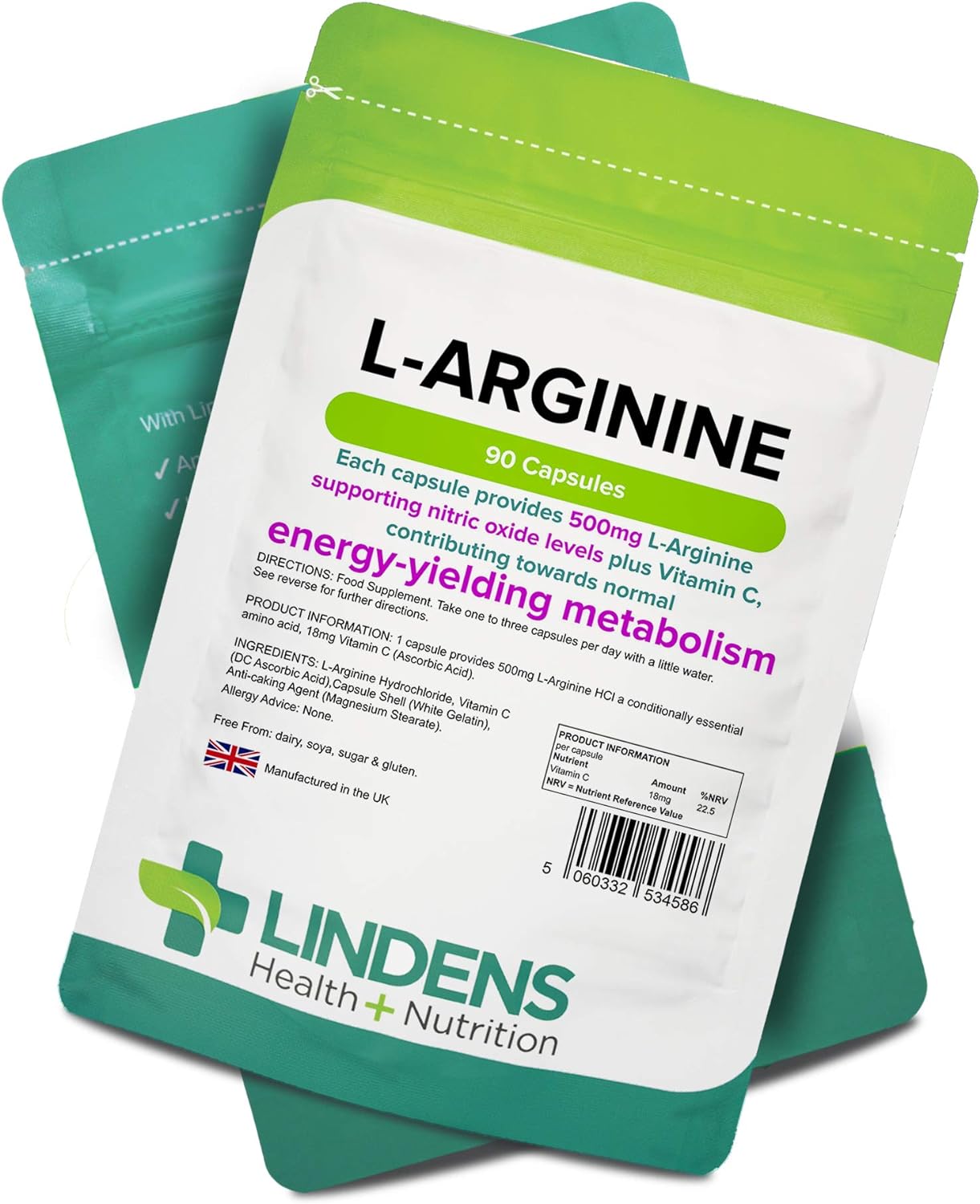 Lindens L-Arginine 500mg Capsules - 90 Pack - an Amino Acid Supplement