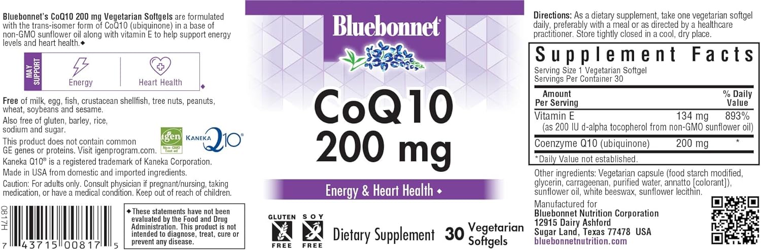 BlueBonnet CoQ-10 Vegetarian Softgels, 200 mg, 30 Count