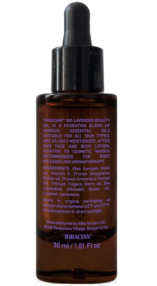 Thracian Bulgarian Beauty Lavender Oil with Bio Premium Certified Bulgarian Lavender, Anti-aging, Moisturizing Oil for Face, Body and Hair in 1.01   Glass with Dropper