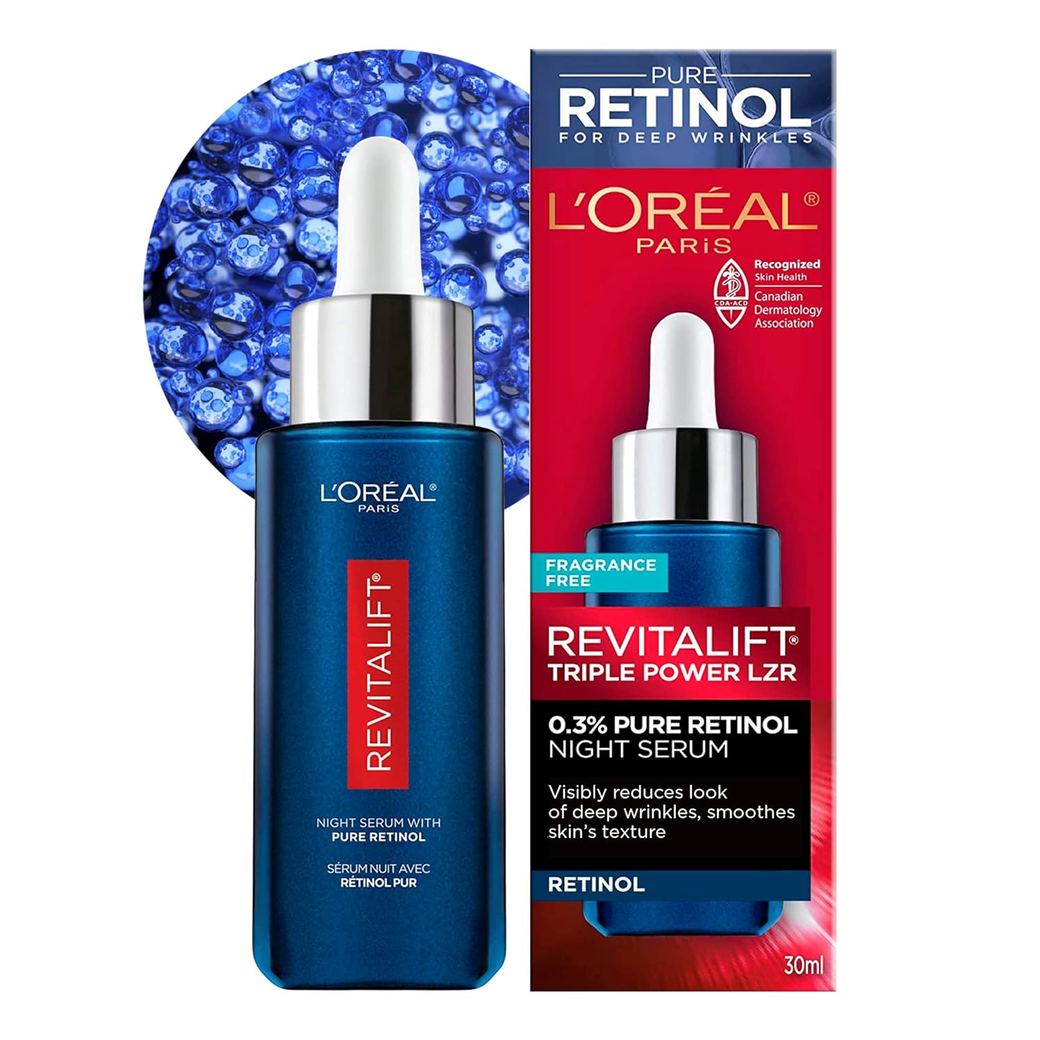 L'Oreal Paris Revitalift Triple Power LZR Retinol Night Serum For Face, With 0.3% Pure Retinol, Moisturizes Skin and Eliminates Deep Wrinkles, For All Skin Types, 30