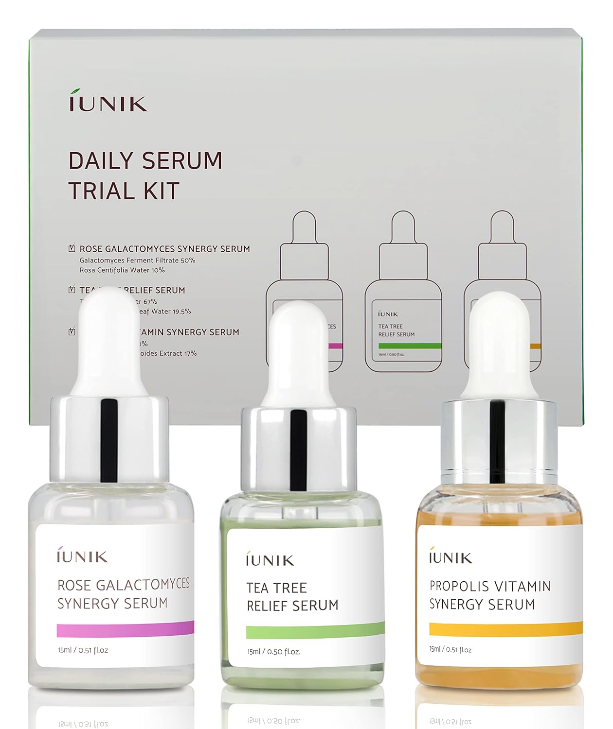 iUNIK Daily Serum Trial Kit (3x 0.51 ..) - Rose Galactomyces Synergy Serum, Tea Tree Relief Serum,Propolis Vitamin Synergy Serum, Great for Gifts, Trial, and Portability