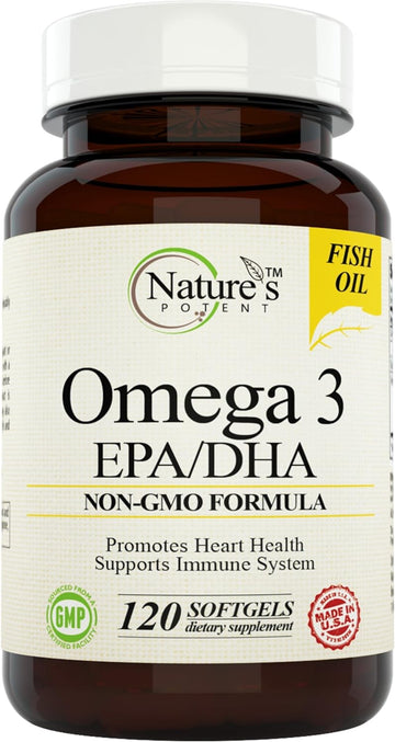 Nature's Potent Omega 3 Fish Oil 1000mg EPA/DHA Supplement for Heart Health, 120 Softgels