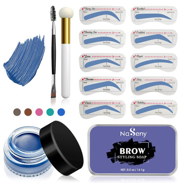 NaSeny Eyebrow Stamp Stencil Kit Waterproof Brow Soap for Eyebrow Setting Gel with Dual Ended Brush and Sponge Applicators Brow Stamp and Shaping Kit with 10PCs Reusable Eyebrow Stencils (Blue)