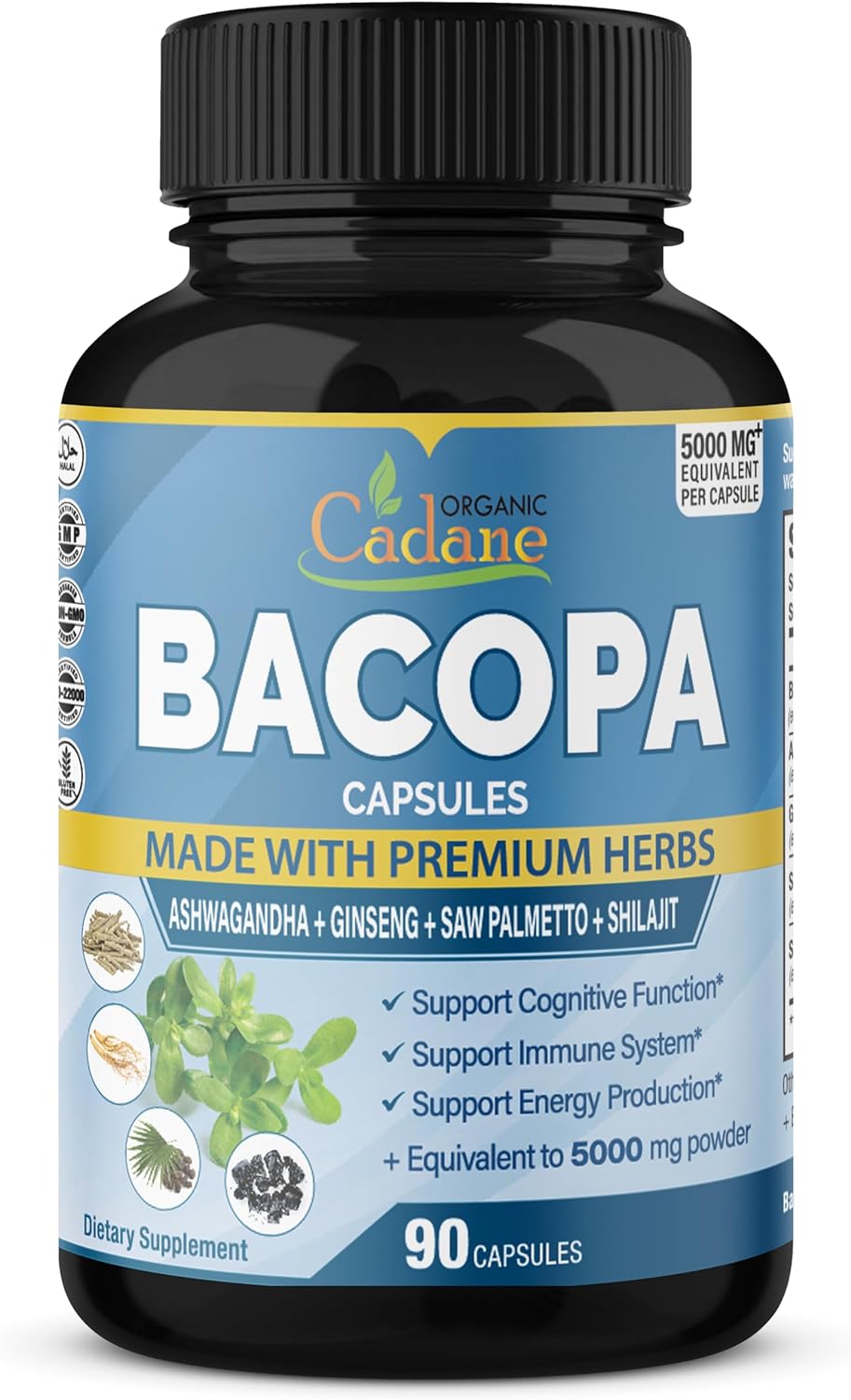Organic Cadane 5000mg Bacopa Monnieri Supplement - Blended with Ashwga