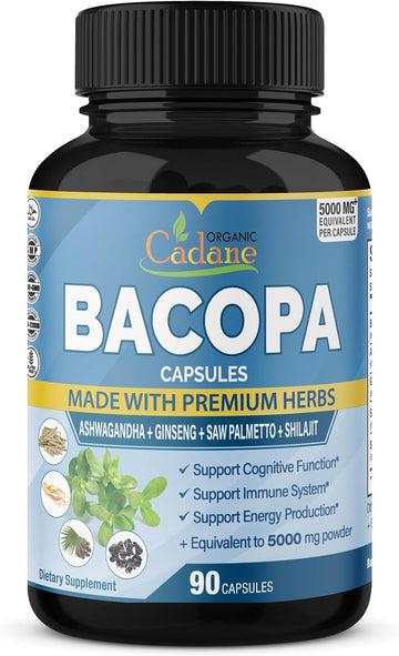 Organic Cadane 5000mg Bacopa Monnieri Supplement - Blended with Ashwga